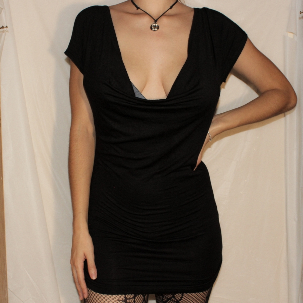 Black T shirt dress with deep v neckline